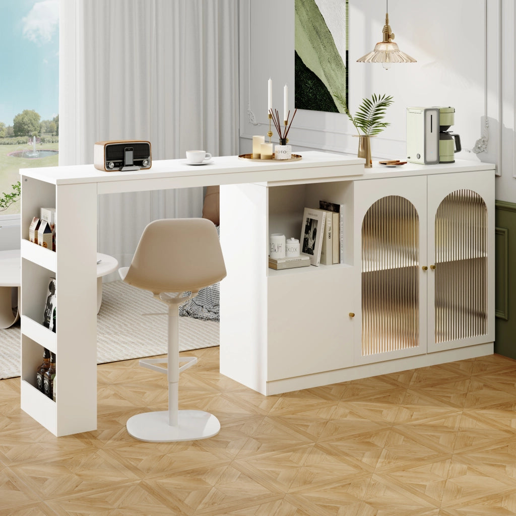 Mobile Bar Girevole a 360° con Anta in Vetro; Ripiani e Vano Chiuso per Cucina in MDF Bianco