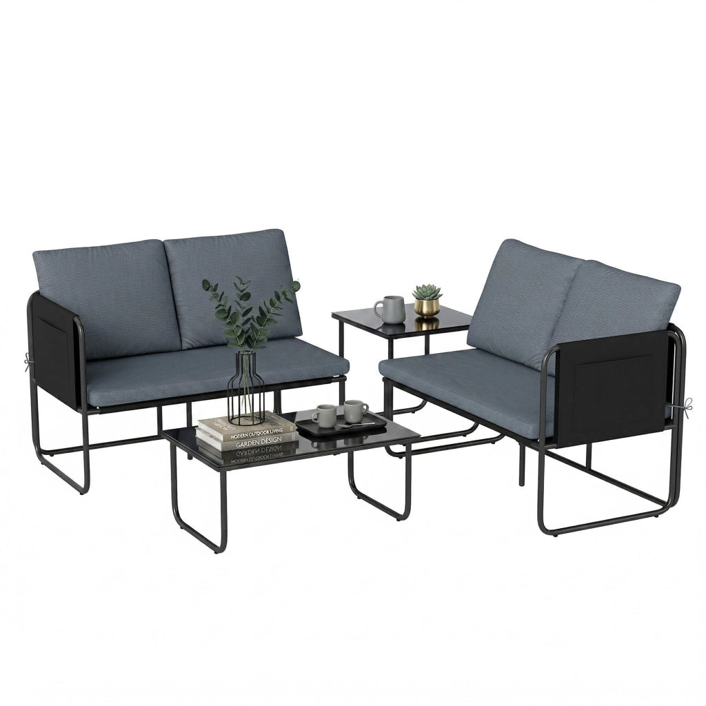 Set Giardino Esterno 4 Pezzi con 2 Divani 2 Posti 2 Tavoli in Vetro ¨C Minimal ¨C Grigio