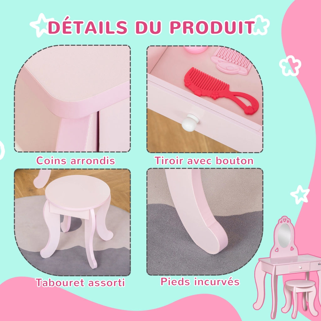 Cassettiera con Specchio per Bambini ¨C Minimal ¨C Rosa, MDF, 60x36x88 cm