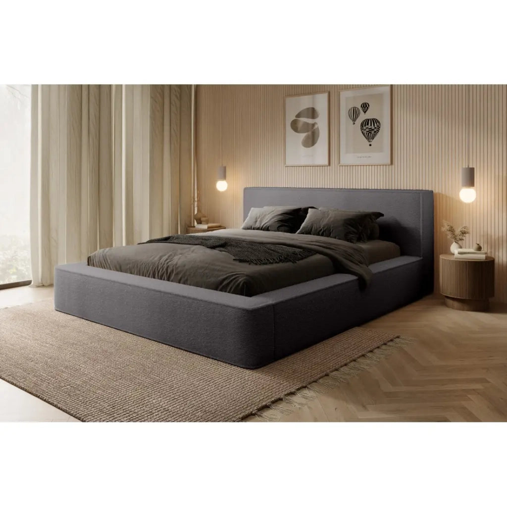 Lettino VELORA - Grigio cenere bouclé - 180x200 cm - Tessuto velluto morbido - Rete sollevabile - Spazio di immagazzinamento integrato