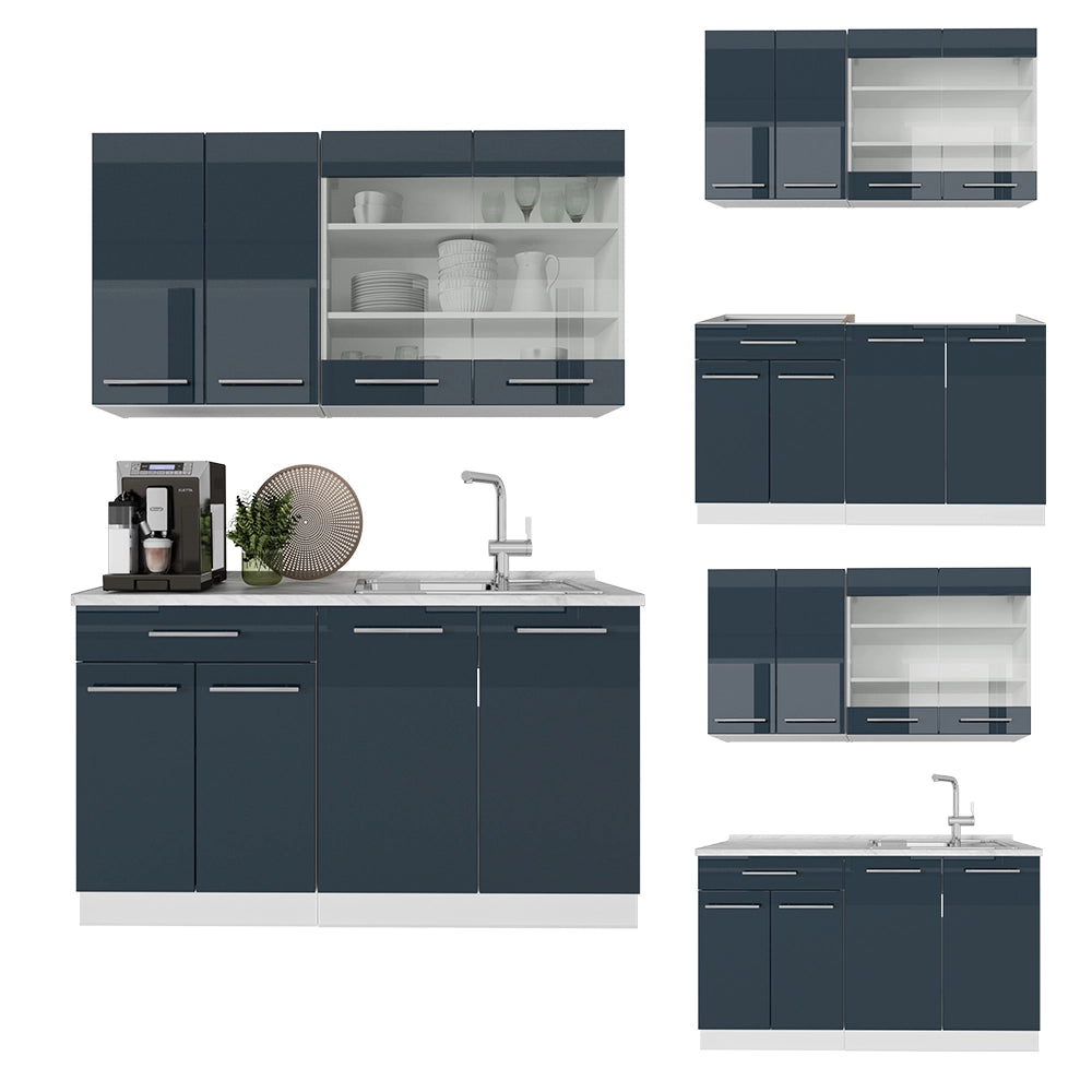 Mobili da cucina Fame-Line Blu scuro lucido/Bianco 140 cm, PL Marmo Vicco