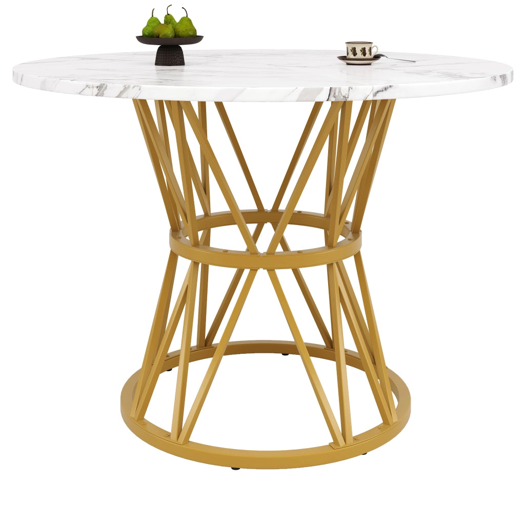 Tavolo da Pranzo Rotondo per 4 Persone ¨C Xylo ¨C Piano MDF Effetto Marmo, Gambe in Metallo Dorato, 100x100x76