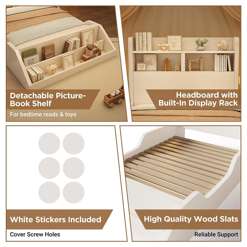Letto legno-Xylo-90x200cm ripiani luci biblioteca bianco senza materasso