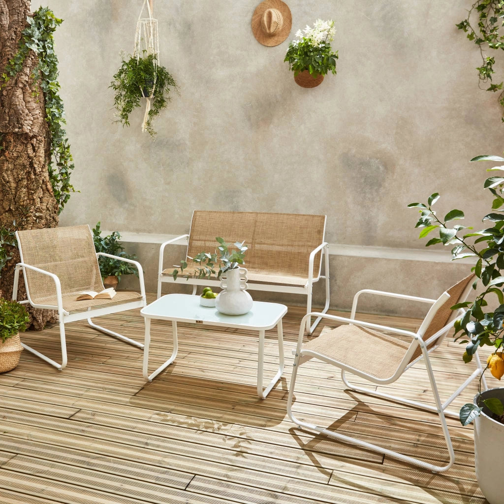 Salotto da giardino in metallo, 4 posti, bianco