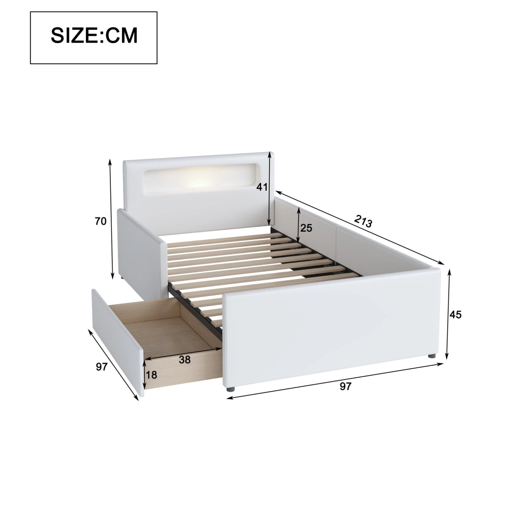 Letto Singolo Imbottito per Bambini con Luce LED e USB ¨C MINIMAL ¨C Similpelle Bianco 90x200