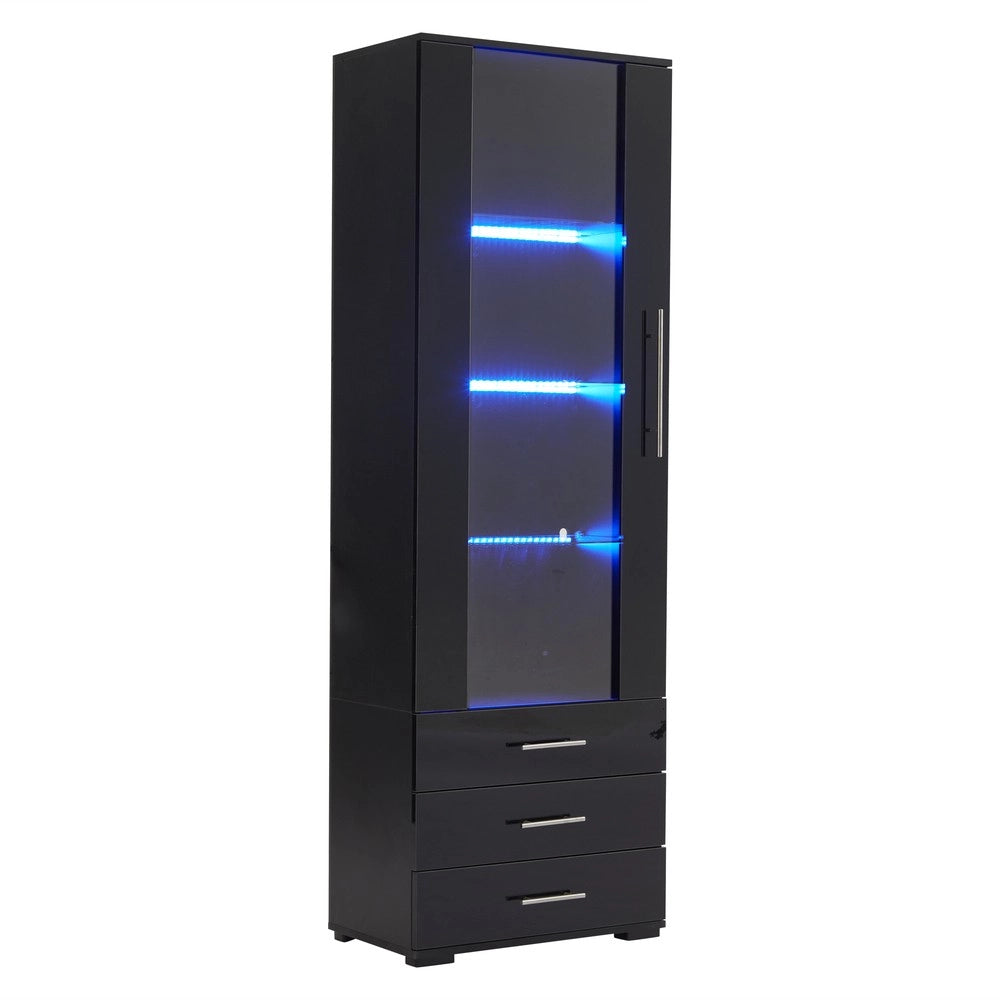 Vetrina con LED ¨C MINIMAL ¨C Nero Lucido, 3 Cassetti, 60x35x180 cm