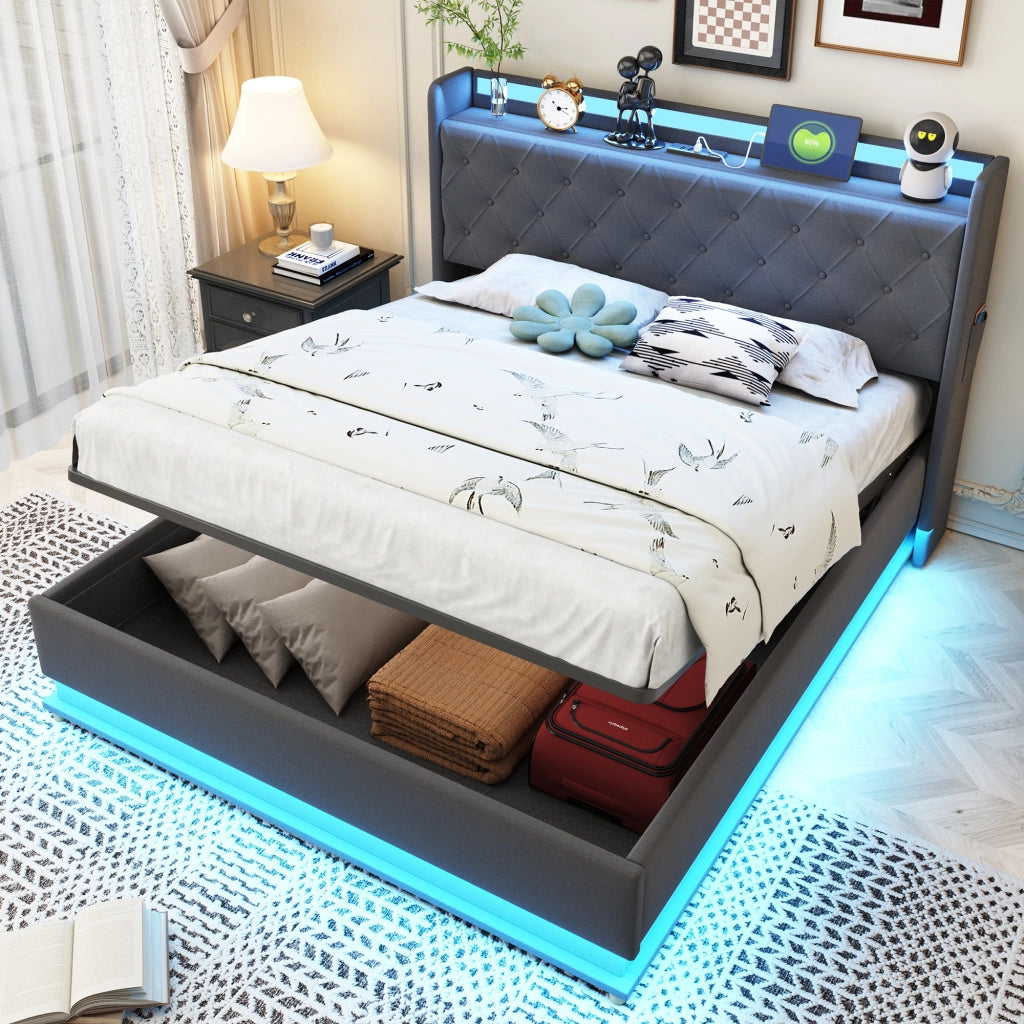 LETTO Imbottito 140x200 cm Grigio con LED, USB e contenitore idraulico