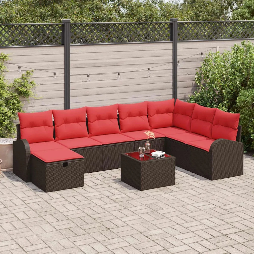 Set di divani con cuscino 9 pcs Marrone e Rosso polyrattan 3359143