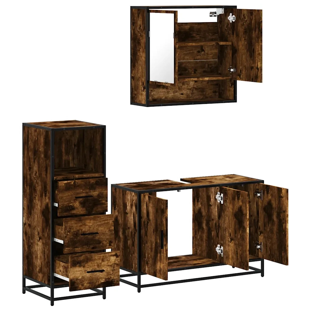 Set Mobili da Bagno | Armadio da bagno 3 pz Rovere Fumo in Legno Multistrato