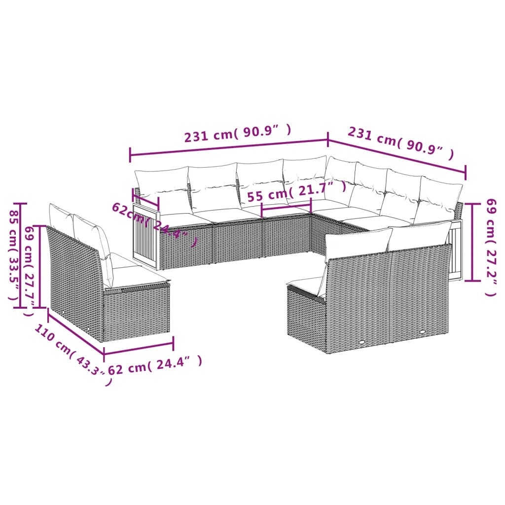 Set Divani da Giardino 11 pz con Cuscini Beige in Polyrattan 3260168