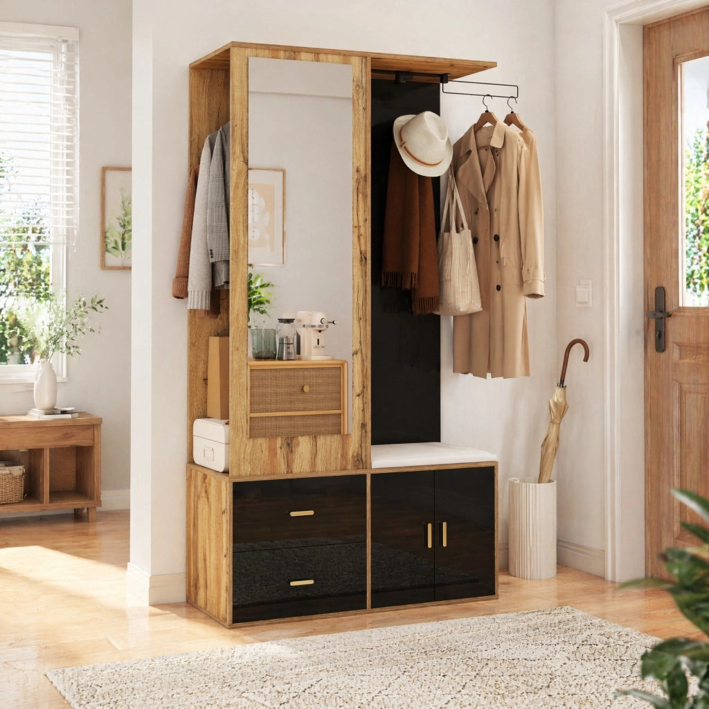 ARMADIO INGRESSO 100x38x180 cm Nero e Effetto Legno con Specchio