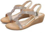 Sandali femminili con suola in gomma - Sandali estivi - Luccicanti - Comodi - Piattaforma bohemienne - Coda elastica con decorazione di strass