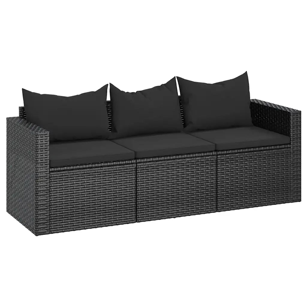 vidaXL Divano da Giardino a 3 Posti con Cuscini Nero in Polyrattan
