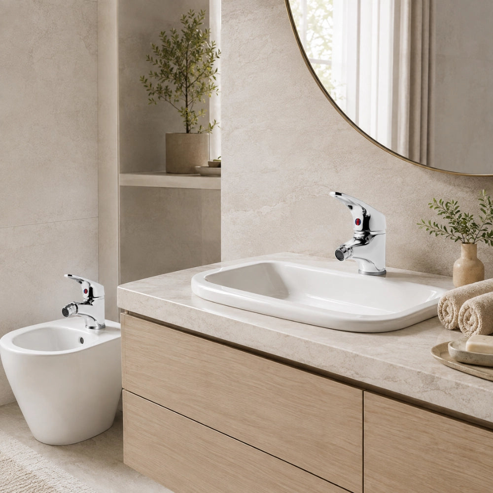 Set rubinetto miscelatore lavabo e bidet in ottone cromato