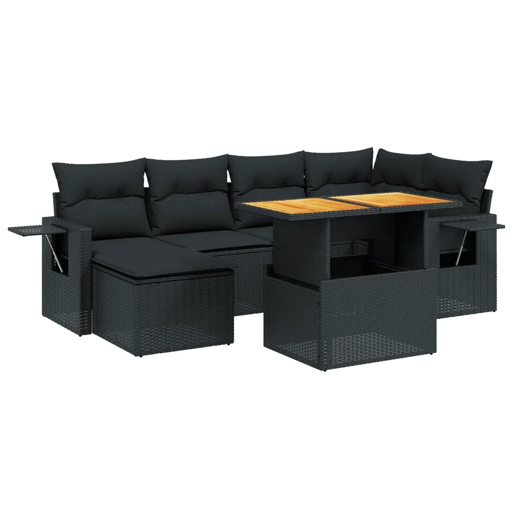 Set Divani da Giardino con Cuscini 7pz Nero Polyrattan