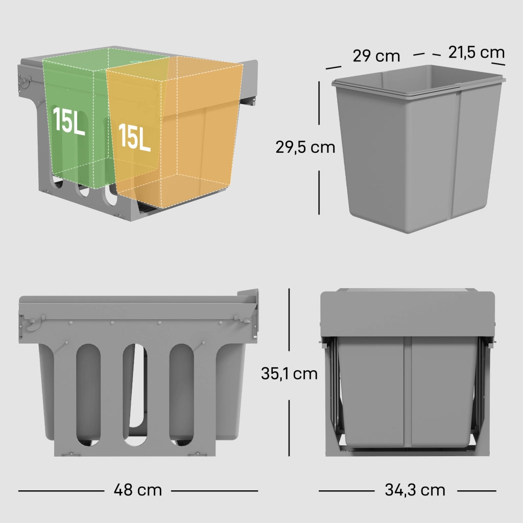 Pattumiera Estraibile Sottolavello ¨C Xylo ¨C 2 Contenitori 30L Grigio Chiaro