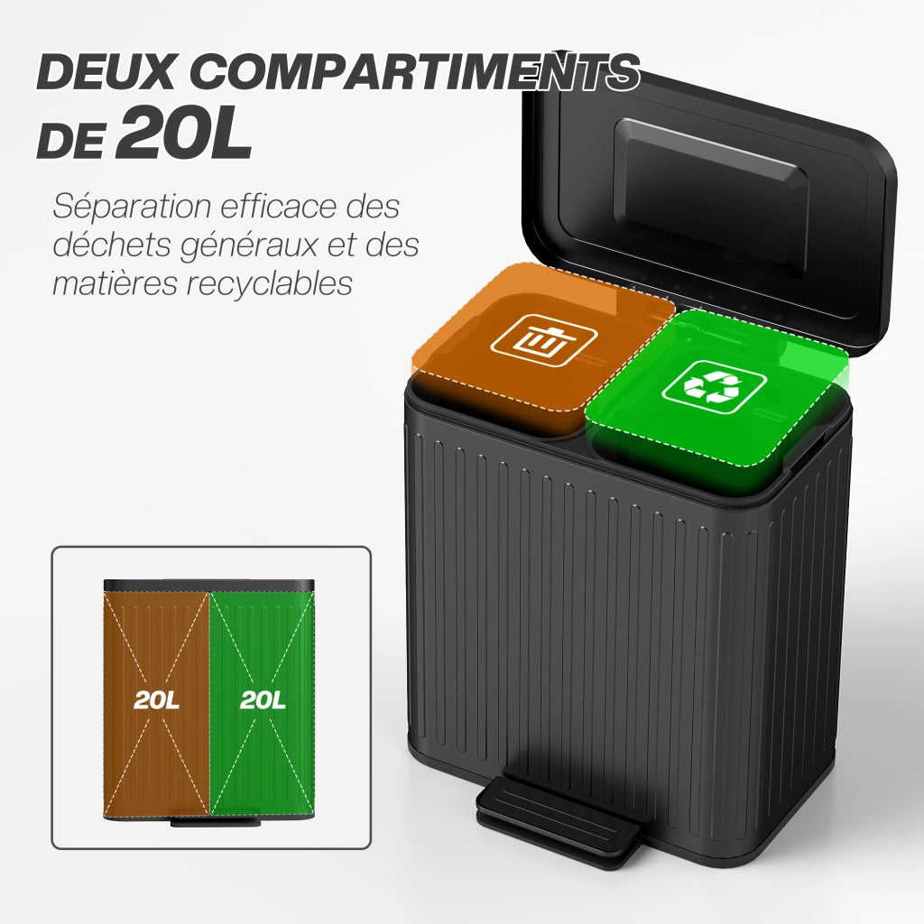 Cestino Doppio Compartimento 2x20L con Pedale ¨C Minimal ¨C 45.5x36.5x51cm Nero