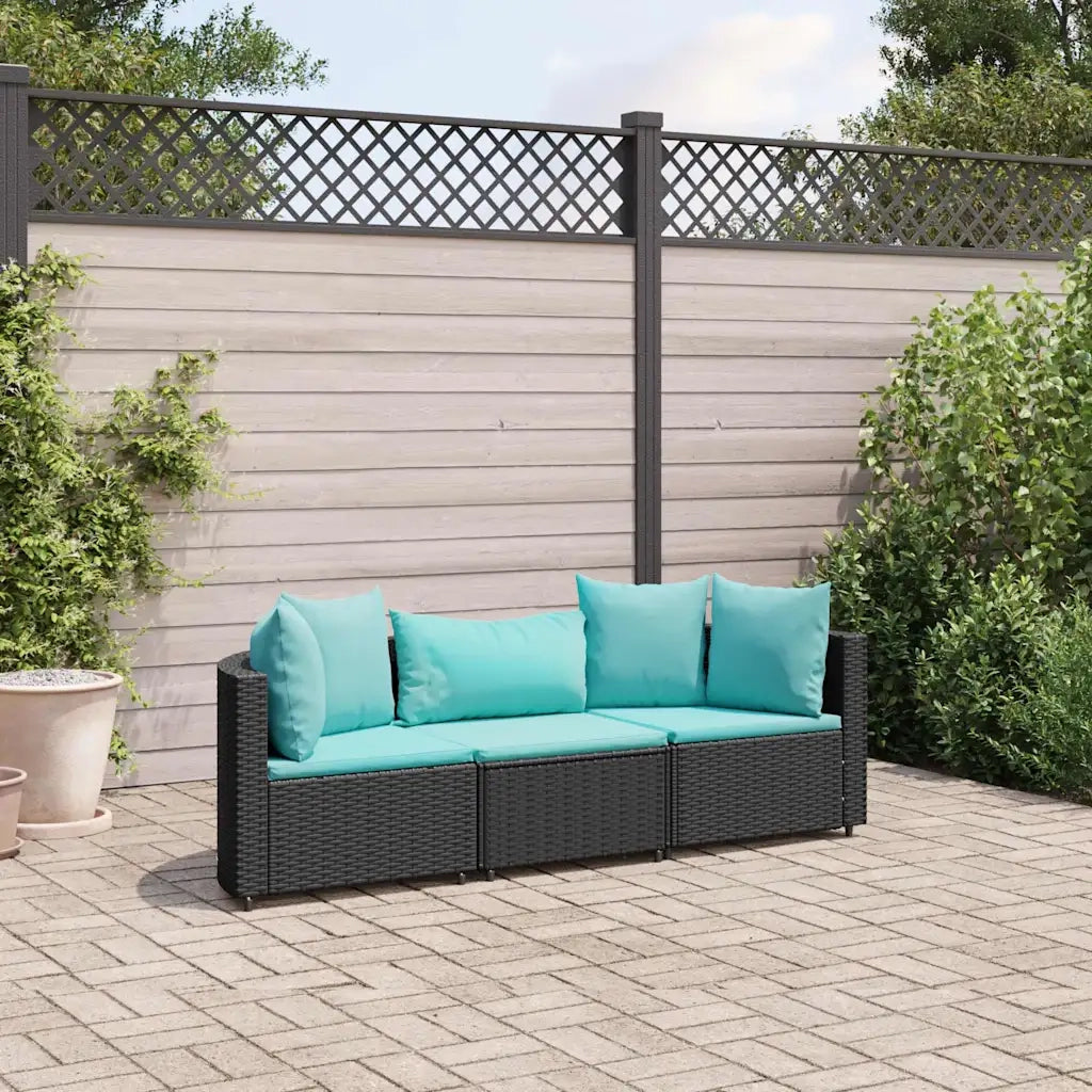 Set Divani da Giardino 3 pz con Cuscini in Polyrattan Nero