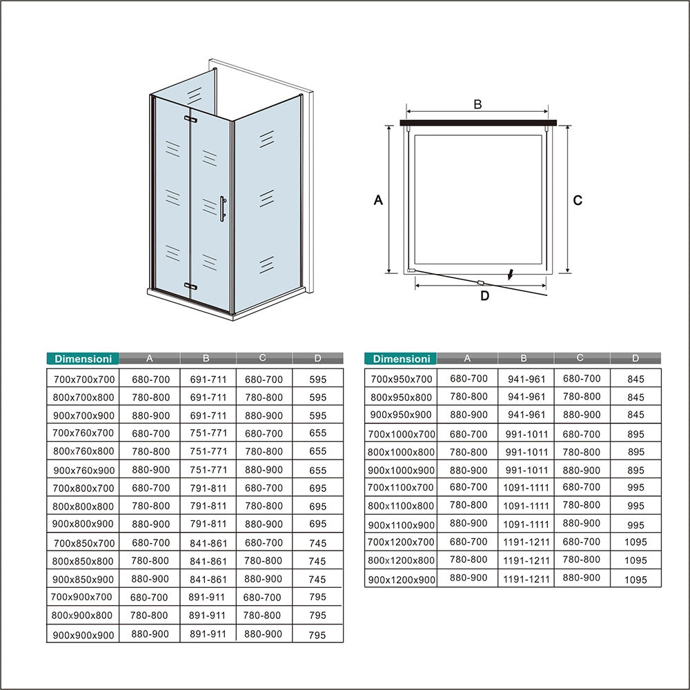 185 cm Box Doccia a Tre Lati Porta Pieghevole a Libro 90 cm Doppia Parete Fissa 70 cm Vetro da 6 mm Temperato Anticalcare Barra Stabilizzatrice 45 cm Cromo Lucido