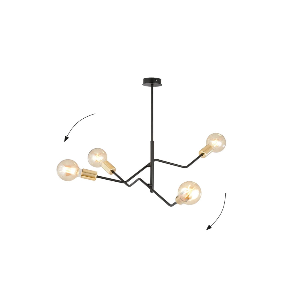 Sospensione Industrial 4 Luci Temi In Acciaio Nero E Oro Bracci Regolabili