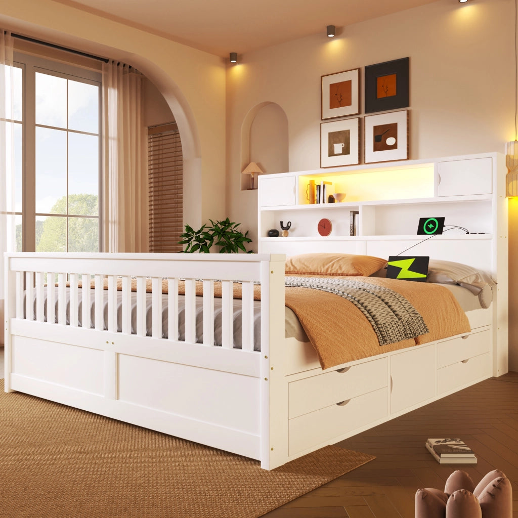 Letto a piattaforma con ripiani e cassetti - Zephmum- 160x200 cm, LED, USB, bianco