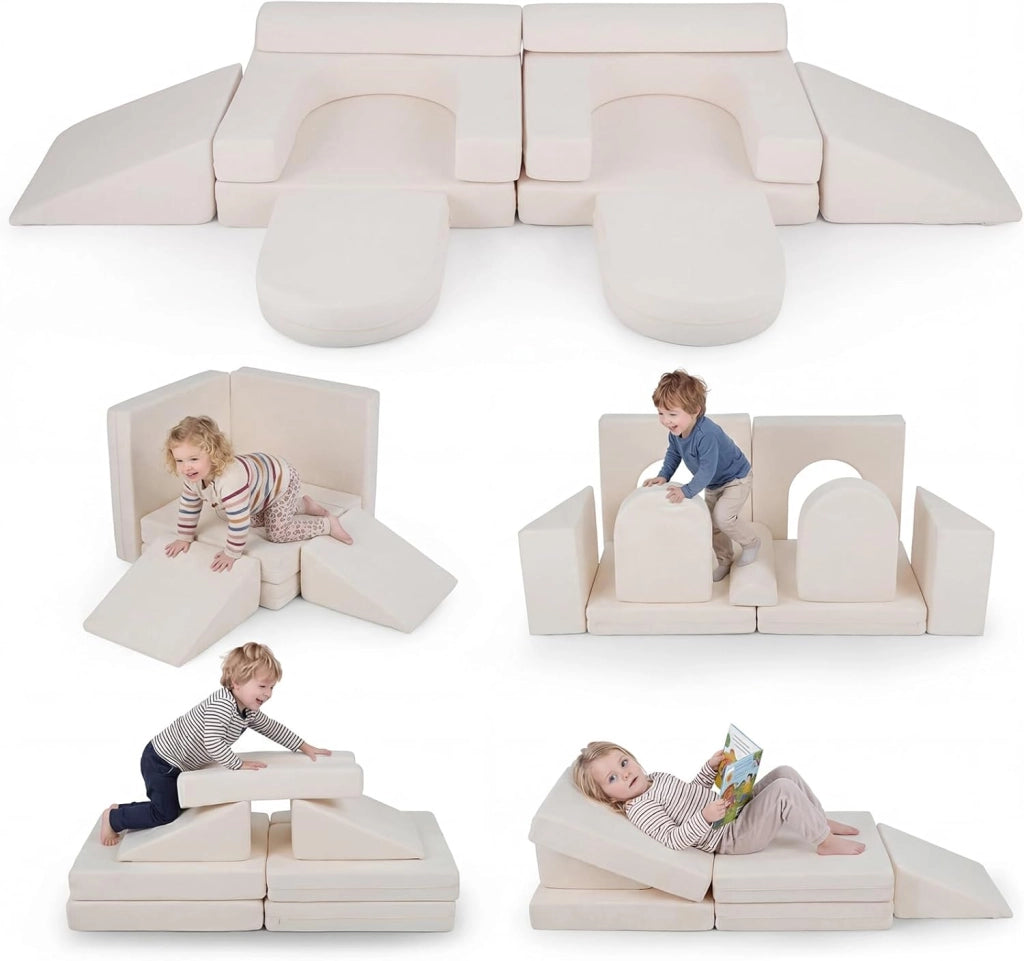Divano da Gioco per Bambini Trasformabile, Poltrona Modulare a 10 Pezzi, Tessuto Suede e Schiuma ad Alta Elasticità, Divanetto per Bambini 3+ Anni, per Camerette, Soggiorno e Studio (Beige)