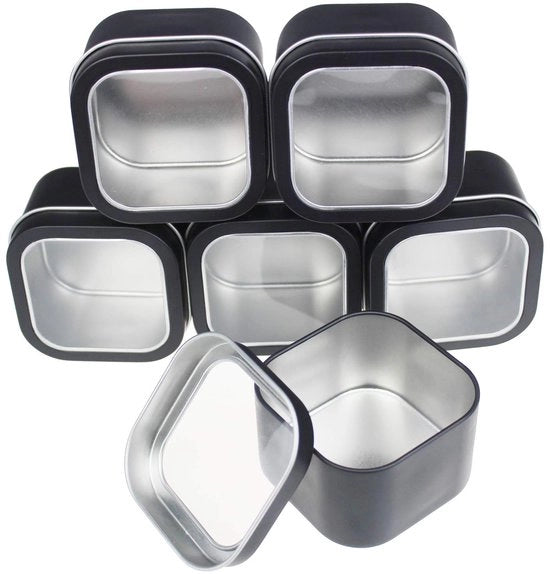 Set di 6 Scatole in Metallo Quadrate - Coperture di Vetro - Sostituzione Duratura - 226 ml - Ideali per la Conservazione - Scatole di Conservazione