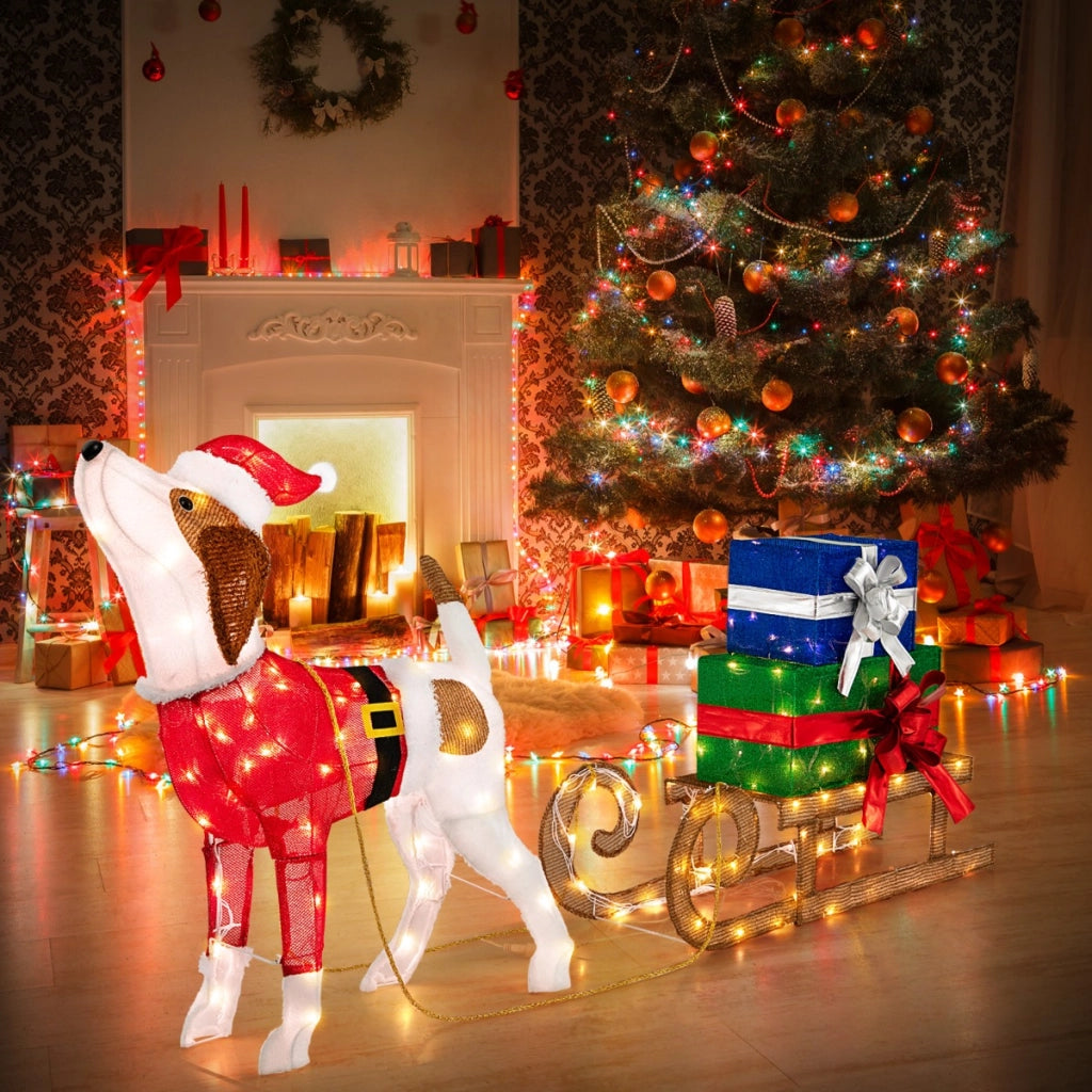 Decorazioni natalizie illuminate con cane slitta luci LED e scatole regalo, Decorazione festosa 78x21x82cm