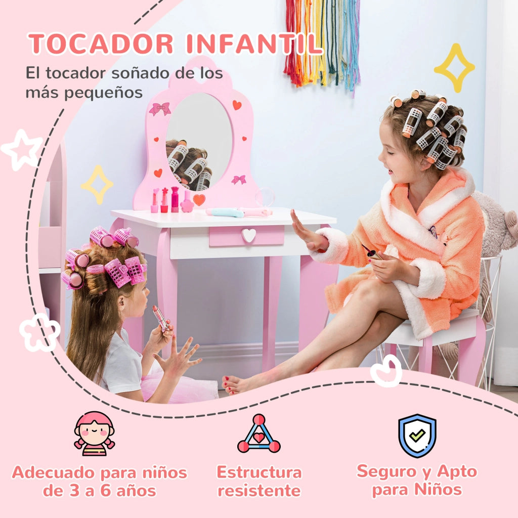 Centro di Bellezza per Bambini con Specchio e Sgabello ¨C Minimal ¨C Rosa 50x36,5x89,5cm