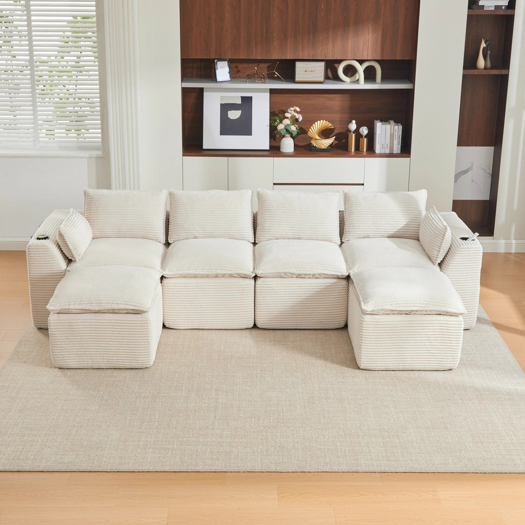 Divano Modulare 4 Posti con Poggiapiedi, Cuscini e Portabicchieri ¨C MINIMAL ¨C Beige, Tessuto a Coste