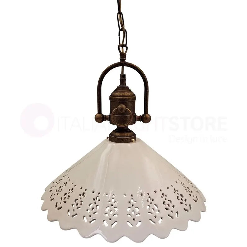 VOLTERRA Lampadario a Sospensione Ø40 in Ceramica Bianca Traforata e Ottone Anticato