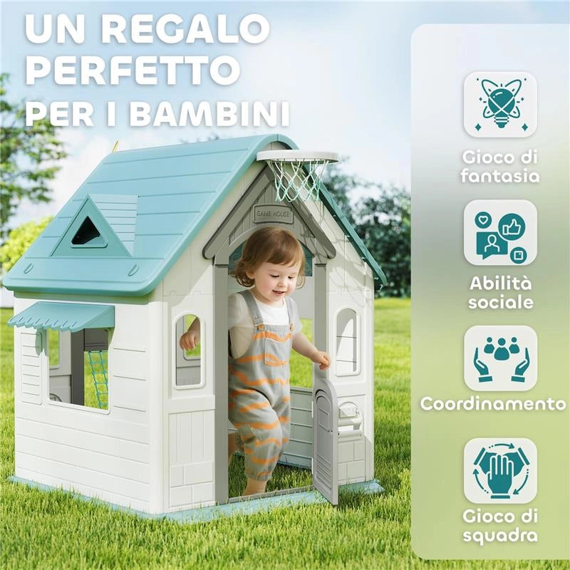 CASETTA PER BAMBINI 5 IN 1 IN PP MULTICOLORE CON PALLA DA BASKET, ANELLI E FRECCETTE, 132X118X124 CM