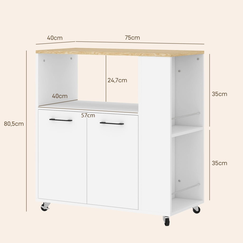 Carrello cucina con ruote ¨C Xylo ¨C piano lavoro ripiano regolabile 75x40x80cm bianco