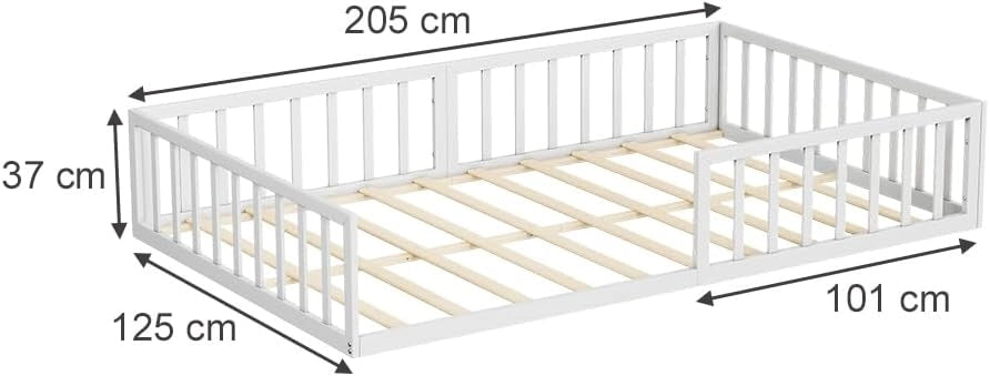 Letto a pavimento Minno 120x200, letto bambini in metallo, letto Montessori con protezione anticaduta, bassa altezza d’ingresso, bianco