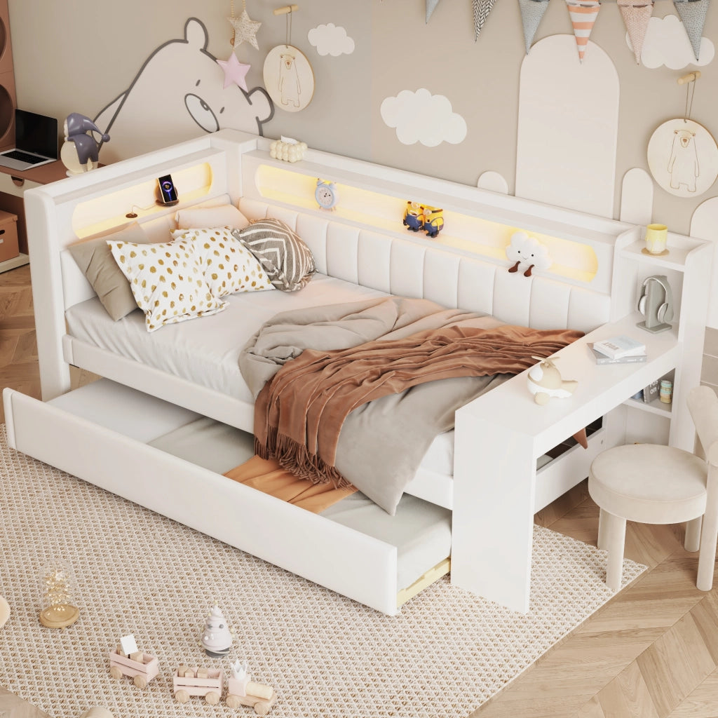 LETTO 90x200 cm Bianco con letto estraibile, scrivania, LED e USB