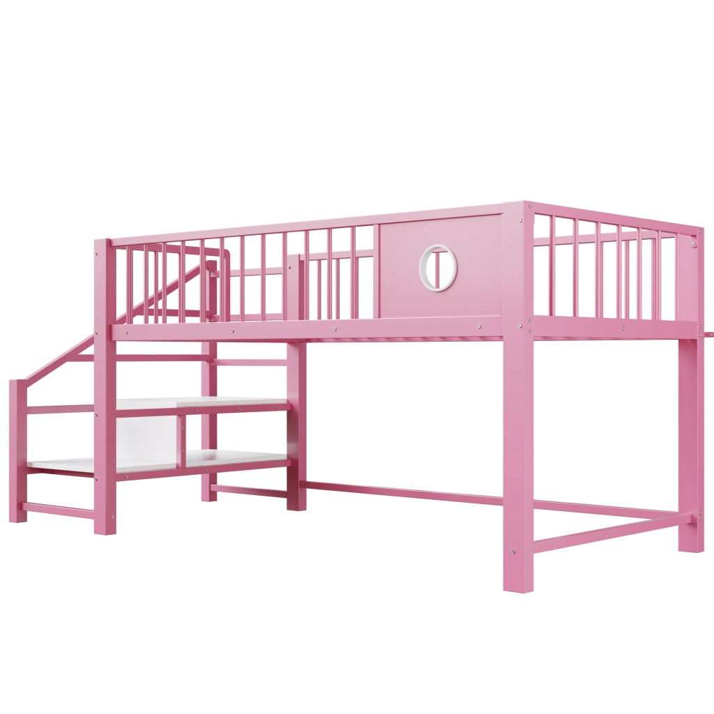 Letto basso per bambini rosa 90 x 200 cm; struttura metallica robusta; scala con riposticulo; per bambini e adolescenti