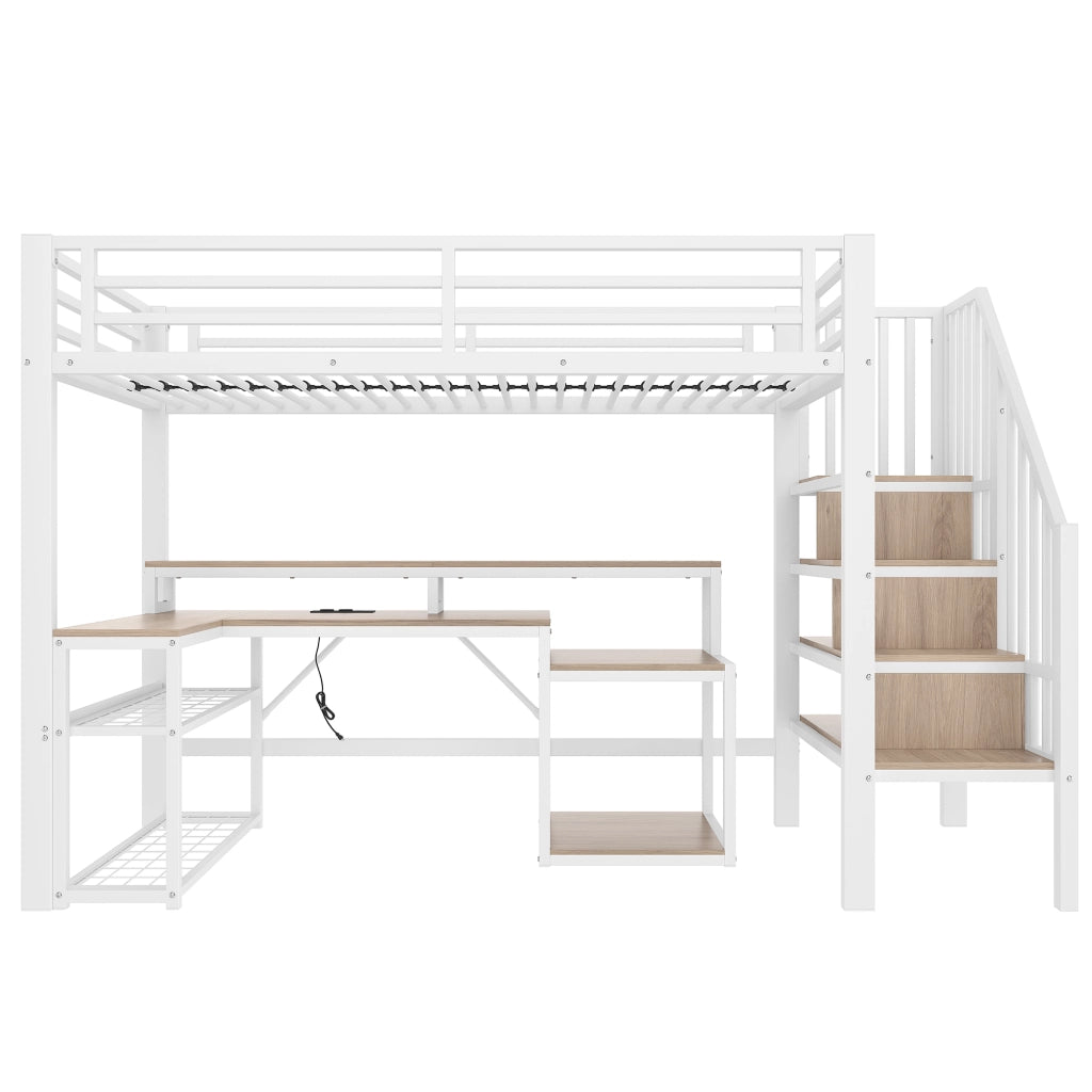 Letto a castello 90x200cm - Zephmum - Struttura in ferro, cassettiere, scale con contenitore, LED, scrivania USB, bianco