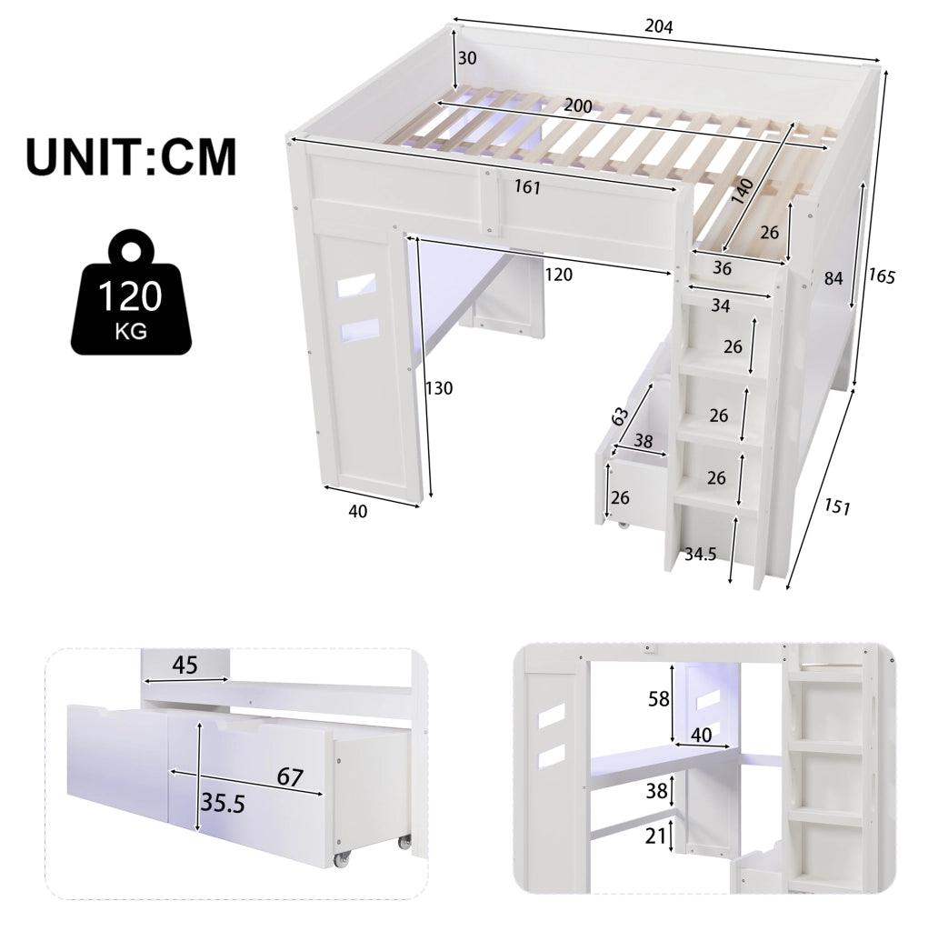 Letto a soppalco 140x200 cm con scrivania; LED; USB-C; cassetti e appendiabiti; bianco
