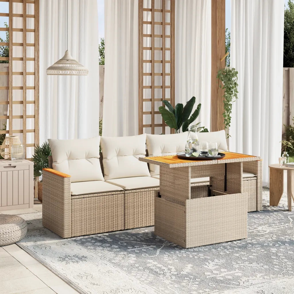 Set Divano da Giardino 5 pz con Cuscini Beige in Polyrattan