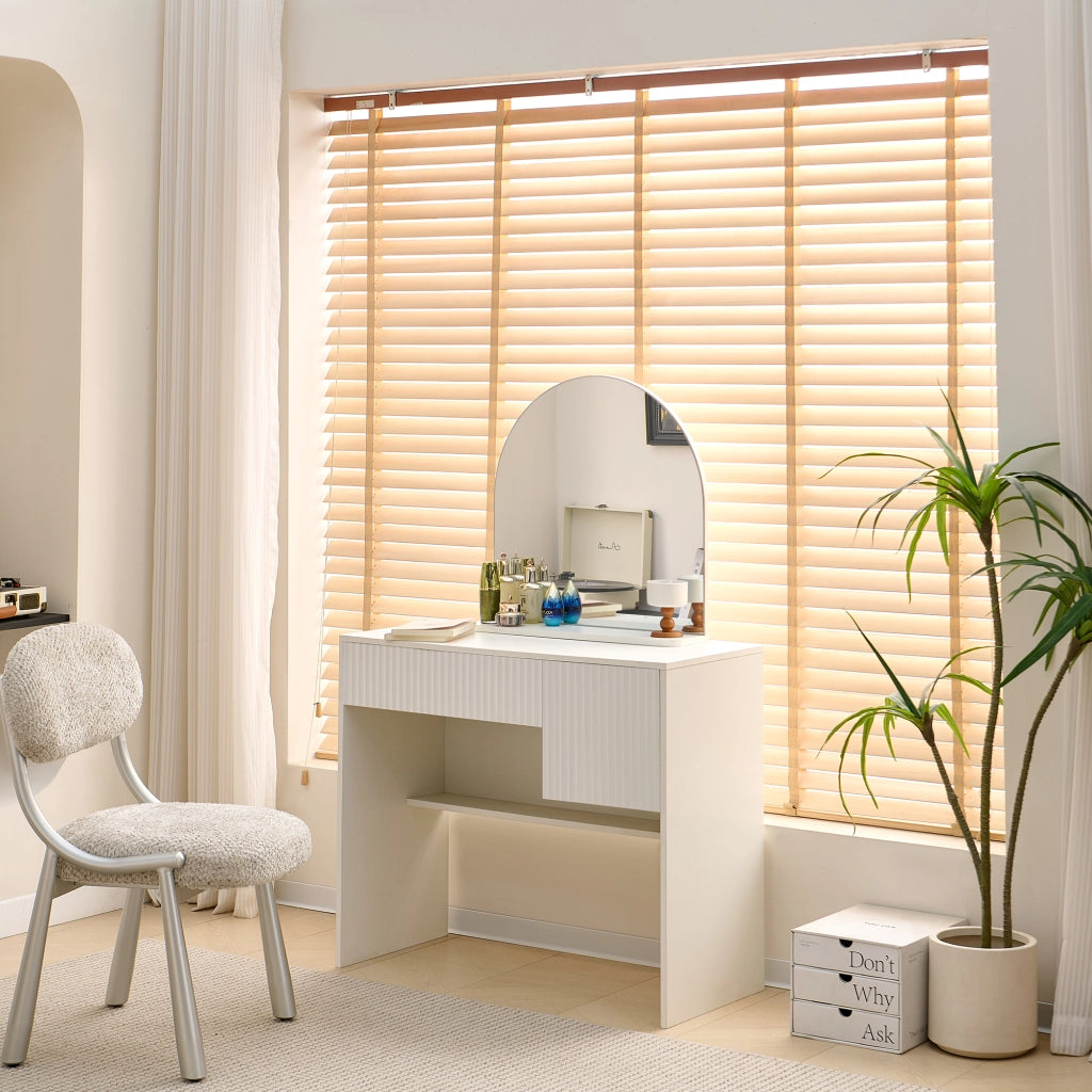 Tavolo trucco con specchio arcuato, 2 cassetti, design moderno, bianco, MDF