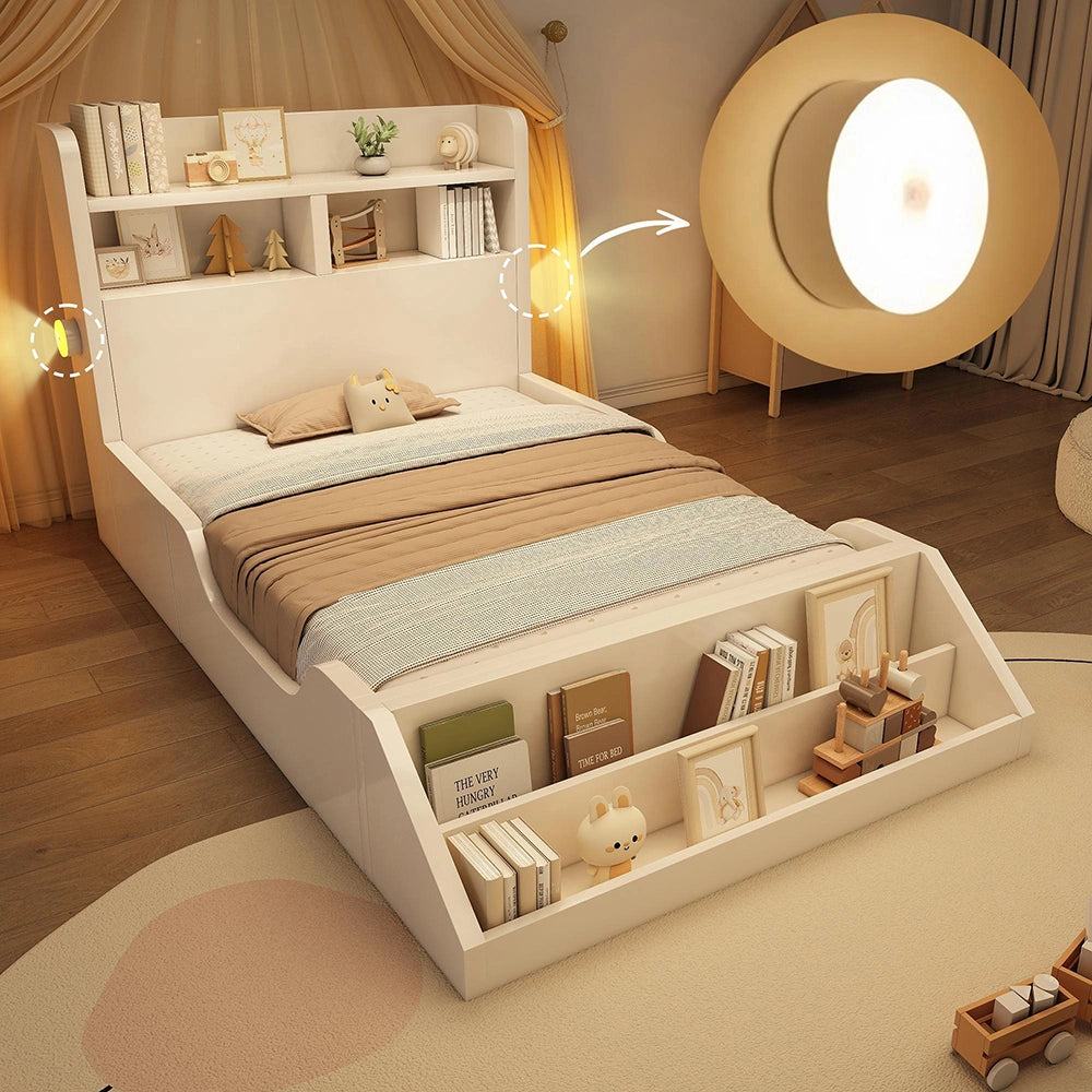 Letto legno-Xylo-90x200cm ripiani luci biblioteca bianco senza materasso
