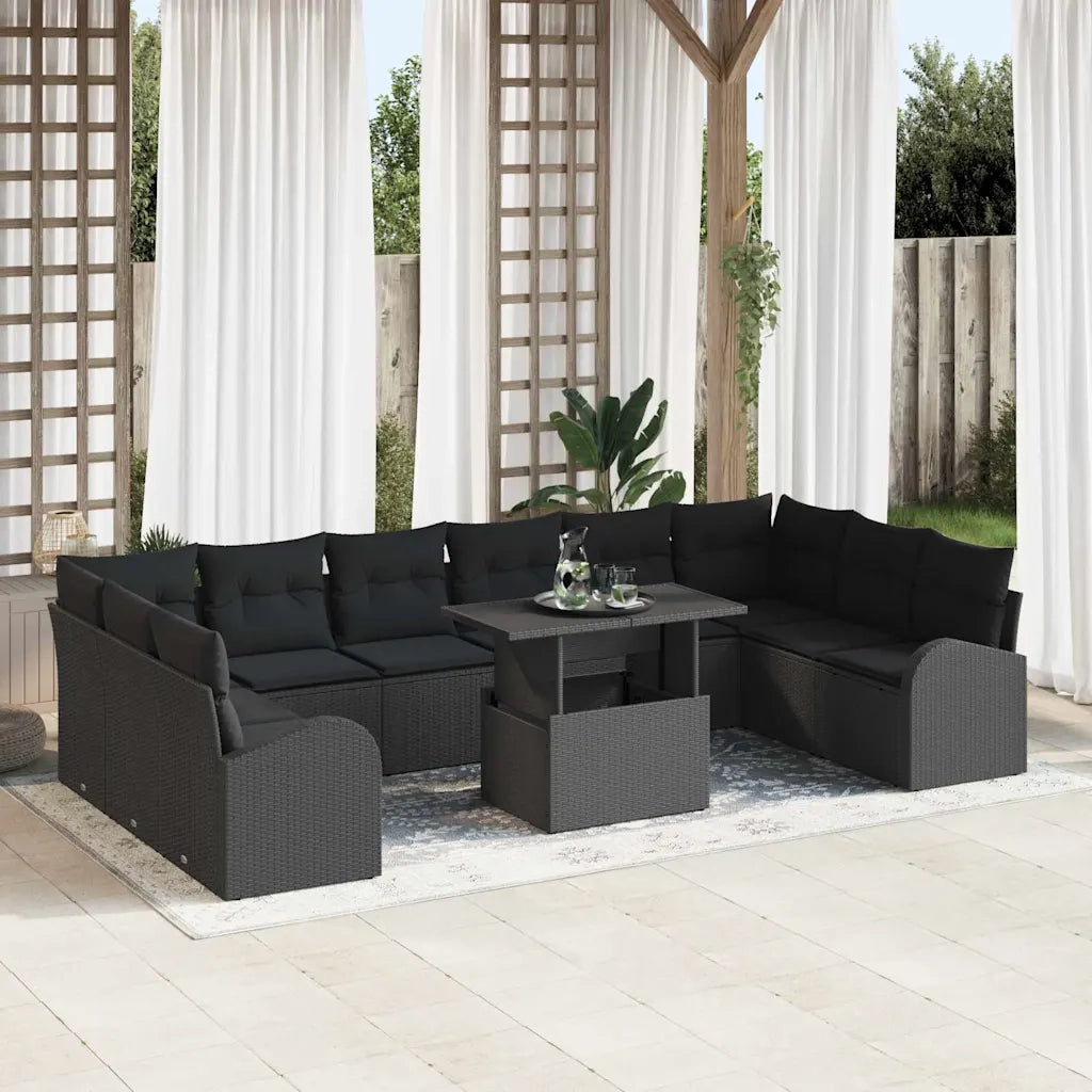 Set Divano da Giardino con archiviazione 11 pcs Nero polyrattan
