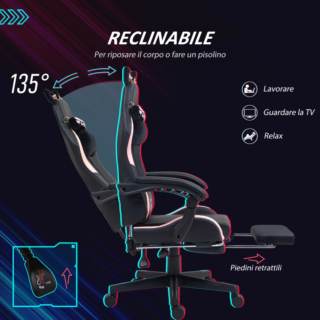 Sedia Gaming Reclinabile con Poggiapiedi ¨C Xylo ¨C Finta Pelle Rosa e Nero 65x62x116-124 cm