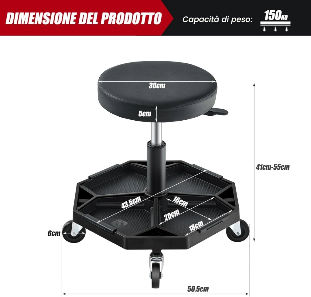 COSTWAY Sgabello da Officina con Ruote, con Ripiano per Attrezzi e Viti, Portata di 150 kg, Altezza Regolabile e Girevole, Sedia Meccanico per Garage, Officina (Nero)