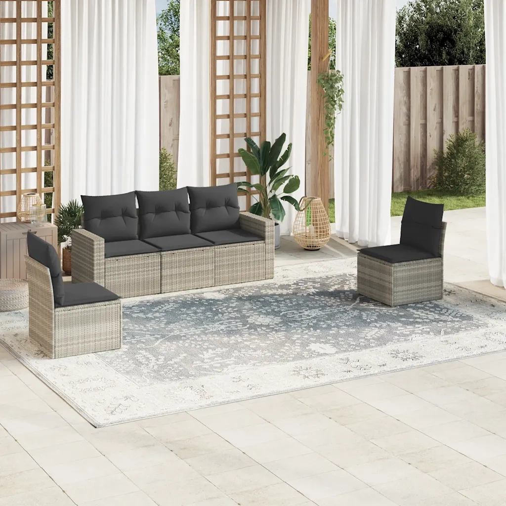 Set Divano da Giardino 5pz | Set Salotto da Giardino con Cuscini Grigio Chiaro Polyrattan