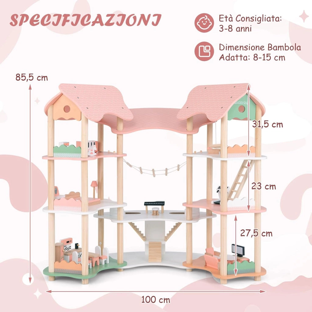 Casa delle Bambole in Legno, Casetta delle Bambole a 3 Piani con 7 Stanze e Mobili, Accessori Realistici, Regalo per Bambini 3+ Anni, 100 x 48 x 85,5 cm