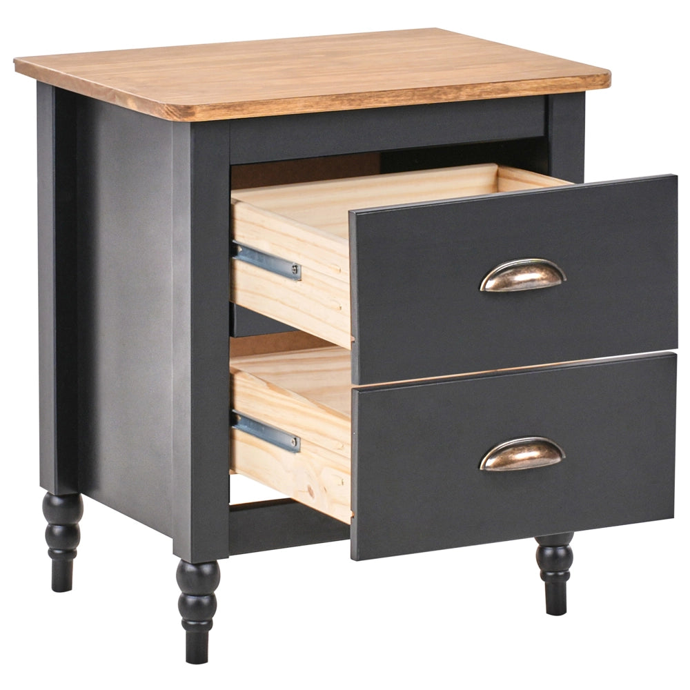 Comodino 2 cassetti retro Comodino 2 cassetti legno chiaro e nero