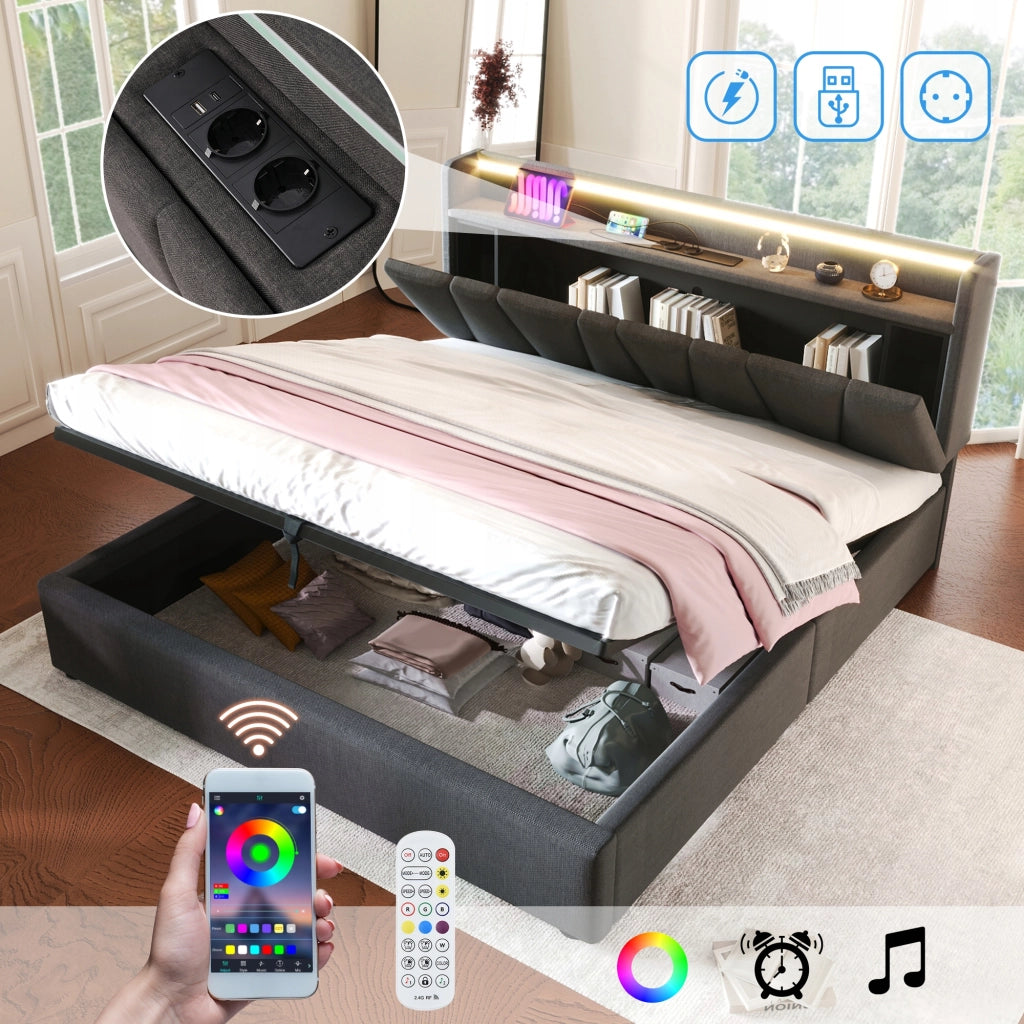 Letto imbottito 140x200 grigio con USB e LED - Xylo
