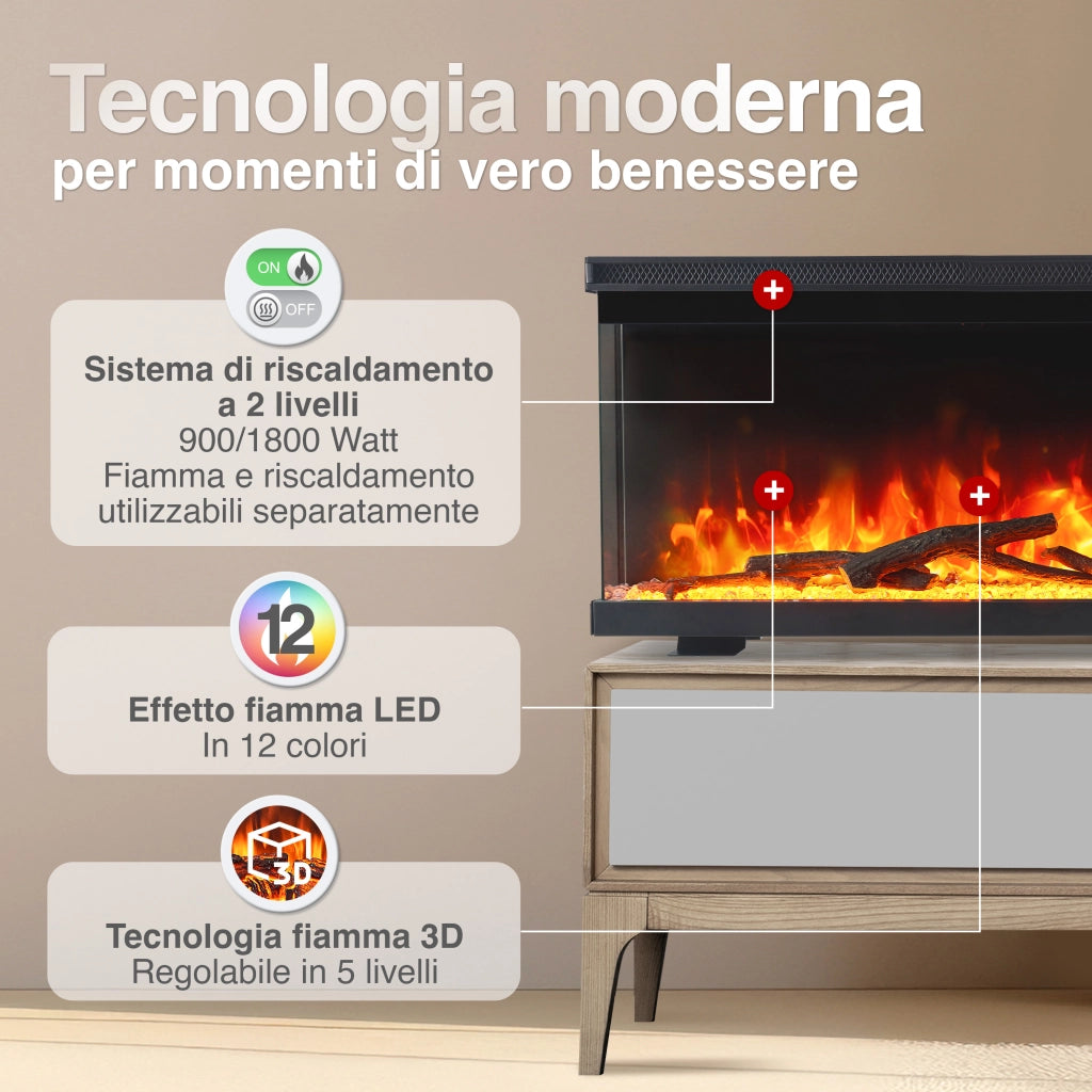 KAMINIO Camino elettrico LEA - Camino 3 in 1 con vista panoramica, riscaldamento, effetto fiamma, 12 colori delle fiamme, telecomando - 50 pollici