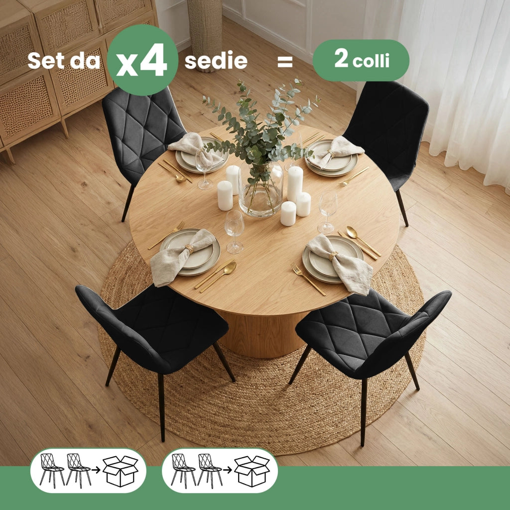Set di 4 Sedie in velluto trapuntate MILO Nero gambe nere